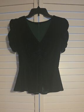 Soprano Forest Green Velvet Ruched V-Neck Blouse